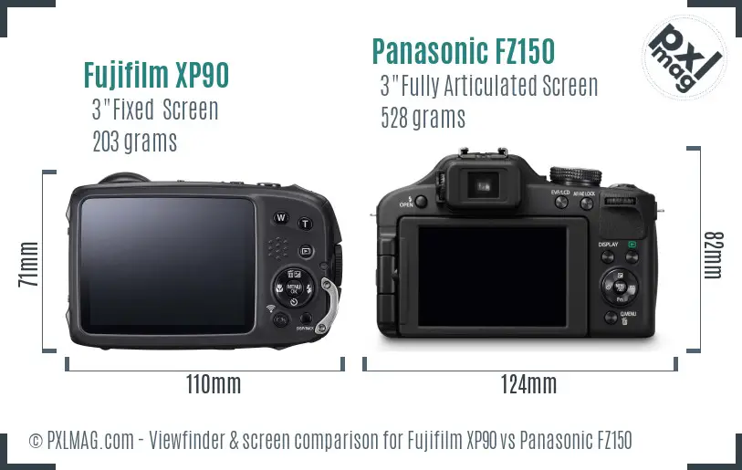 Fujifilm XP90 vs Panasonic FZ150 Screen and Viewfinder comparison