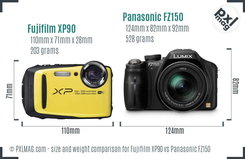 Fujifilm XP90 vs Panasonic FZ150 size comparison