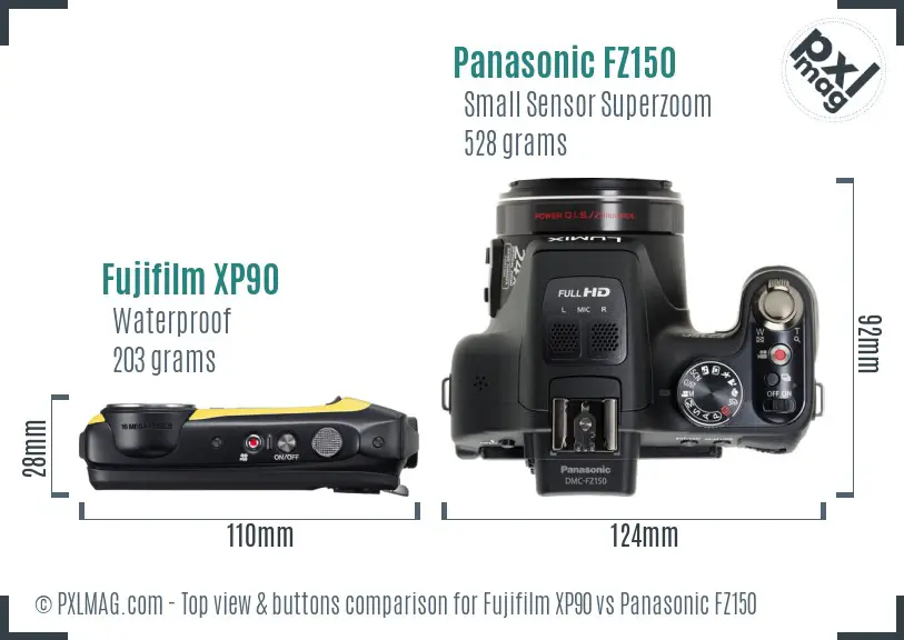 Fujifilm XP90 vs Panasonic FZ150 top view buttons comparison