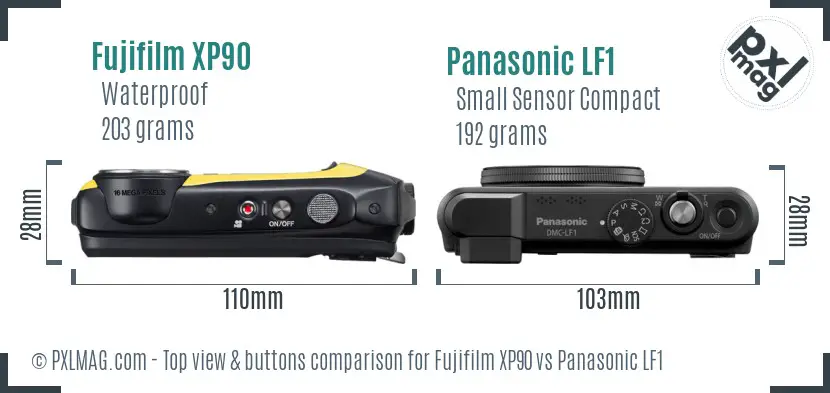 Fujifilm XP90 vs Panasonic LF1 top view buttons comparison