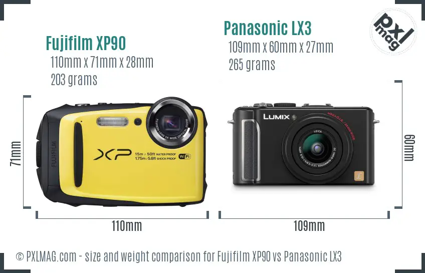 Fujifilm XP90 vs Panasonic LX3 size comparison