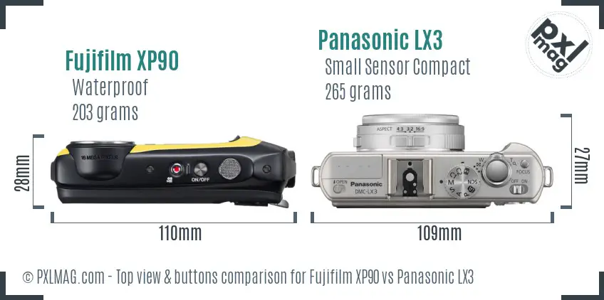 Fujifilm XP90 vs Panasonic LX3 top view buttons comparison