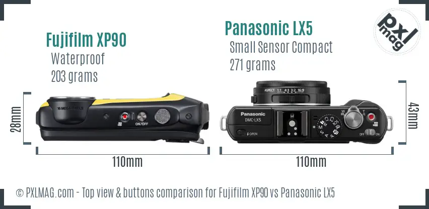 Fujifilm XP90 vs Panasonic LX5 top view buttons comparison