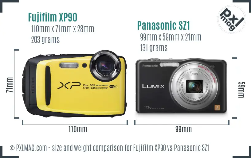 Fujifilm XP90 vs Panasonic SZ1 size comparison