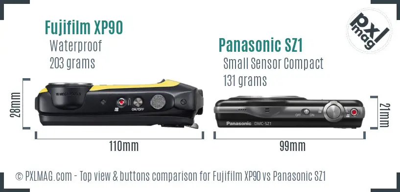 Fujifilm XP90 vs Panasonic SZ1 top view buttons comparison