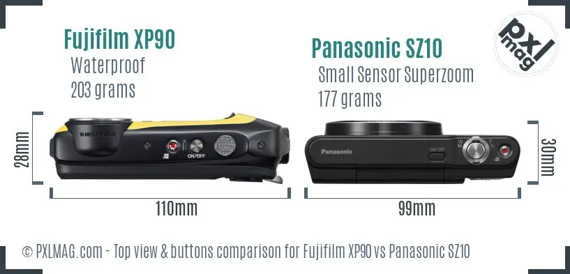 Fujifilm XP90 vs Panasonic SZ10 top view buttons comparison Fujifilm XP90 vs Panasonic SZ10 top view buttons comparison