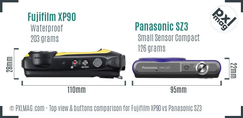 Fujifilm XP90 vs Panasonic SZ3 top view buttons comparison