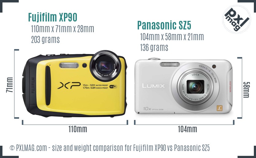 Fujifilm XP90 vs Panasonic SZ5 size comparison