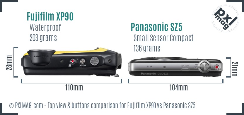 Fujifilm XP90 vs Panasonic SZ5 top view buttons comparison