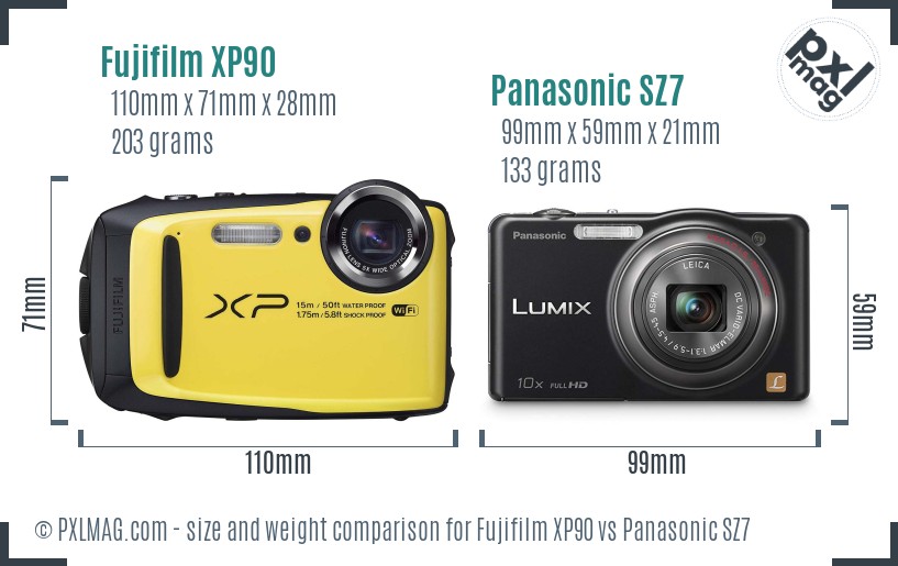 Fujifilm XP90 vs Panasonic SZ7 size comparison