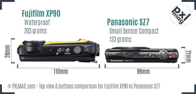 Fujifilm XP90 vs Panasonic SZ7 top view buttons comparison