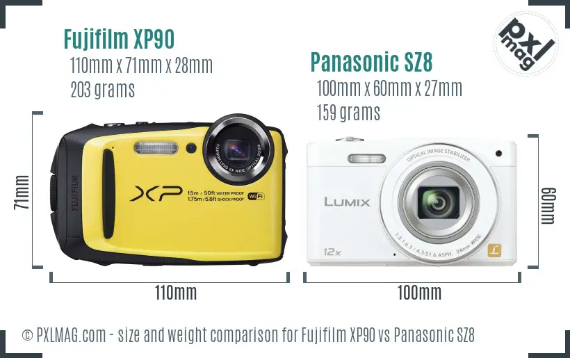 Fujifilm XP90 vs Panasonic SZ8 size comparison