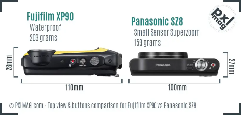 Fujifilm XP90 vs Panasonic SZ8 top view buttons comparison