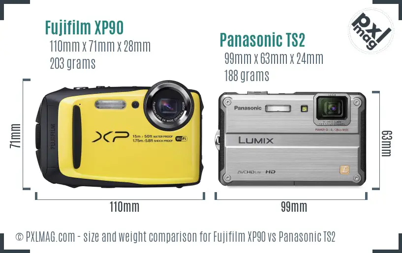 Fujifilm XP90 vs Panasonic TS2 size comparison