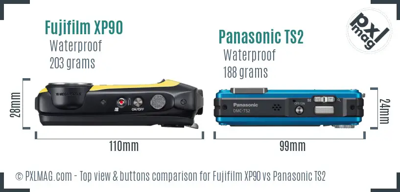 Fujifilm XP90 vs Panasonic TS2 top view buttons comparison