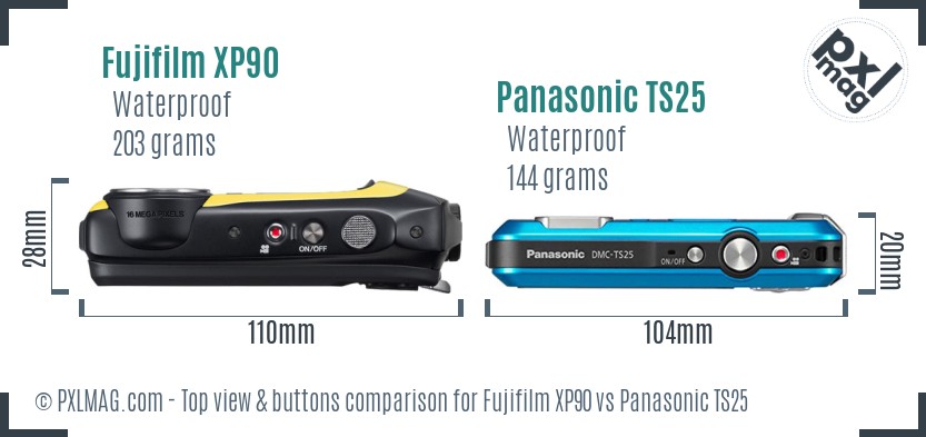 Fujifilm XP90 vs Panasonic TS25 top view buttons comparison
