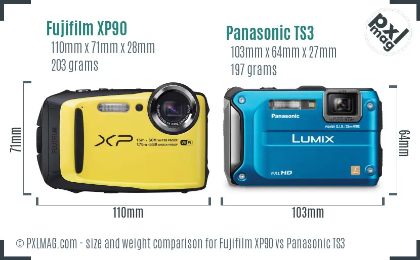 Fujifilm XP90 vs Panasonic TS3 size comparison