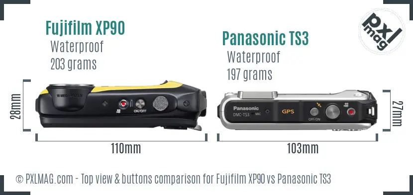 Fujifilm XP90 vs Panasonic TS3 top view buttons comparison