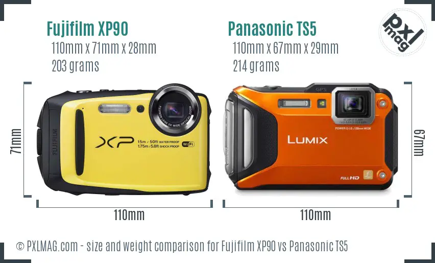 Fujifilm XP90 vs Panasonic TS5 size comparison