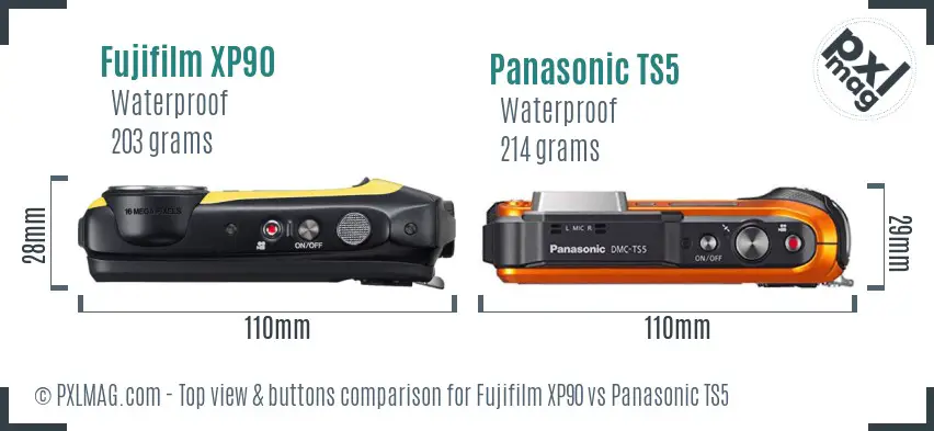 Fujifilm XP90 vs Panasonic TS5 top view buttons comparison