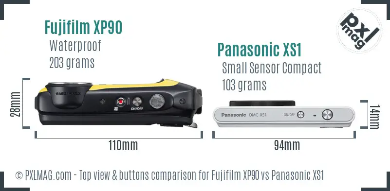 Fujifilm XP90 vs Panasonic XS1 top view buttons comparison