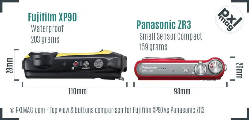 Fujifilm XP90 vs Panasonic ZR3 top view buttons comparison Fujifilm XP90 vs Panasonic ZR3 top view buttons comparison