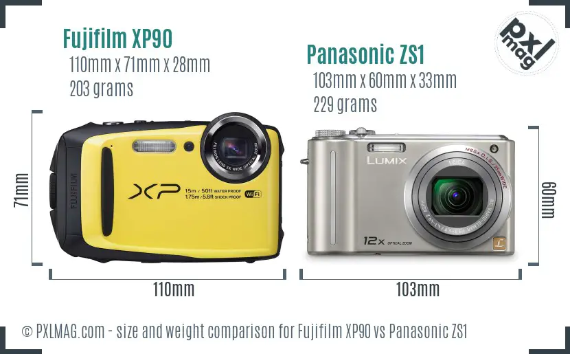 Fujifilm XP90 vs Panasonic ZS1 size comparison