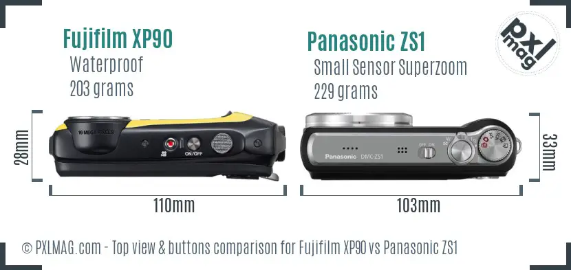 Fujifilm XP90 vs Panasonic ZS1 top view buttons comparison