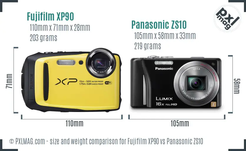 Fujifilm XP90 vs Panasonic ZS10 size comparison