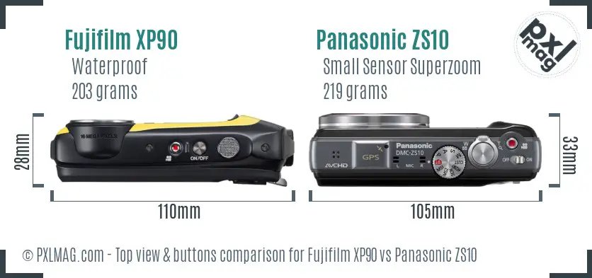 Fujifilm XP90 vs Panasonic ZS10 top view buttons comparison
