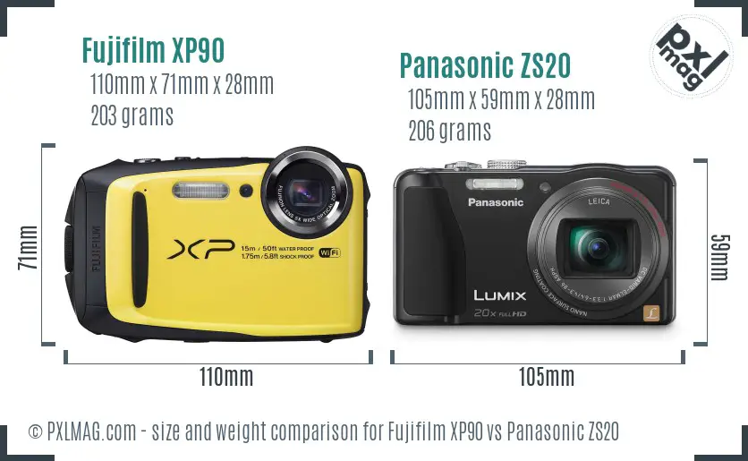 Fujifilm XP90 vs Panasonic ZS20 size comparison