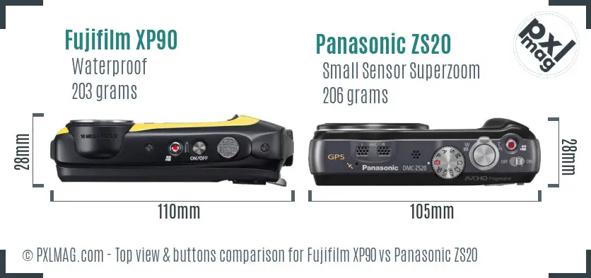 Fujifilm XP90 vs Panasonic ZS20 top view buttons comparison