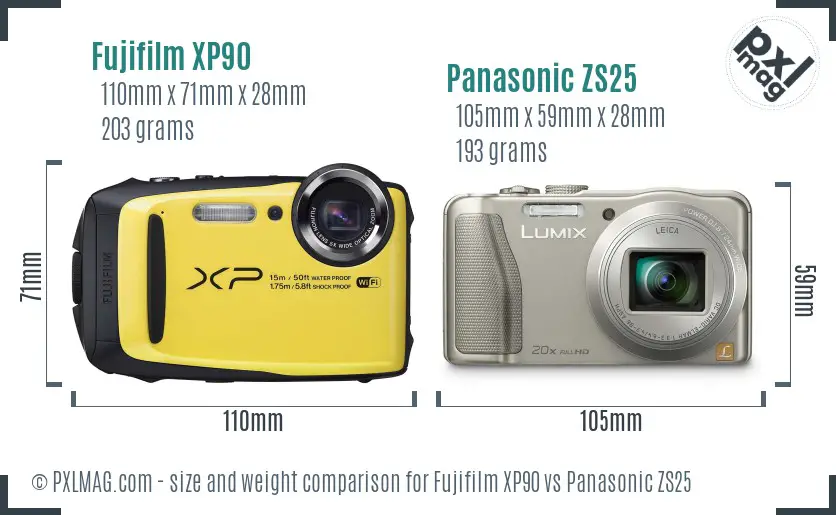 Fujifilm XP90 vs Panasonic ZS25 size comparison