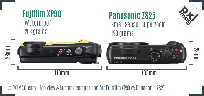 Fujifilm XP90 vs Panasonic ZS25 top view buttons comparison