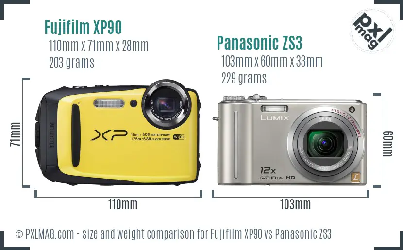 Fujifilm XP90 vs Panasonic ZS3 size comparison