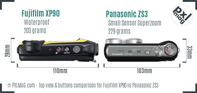 Fujifilm XP90 vs Panasonic ZS3 top view buttons comparison