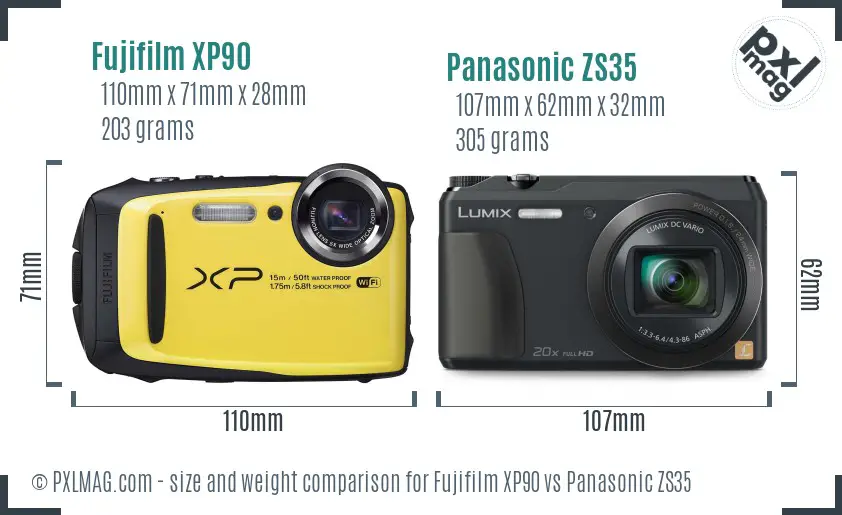 Fujifilm XP90 vs Panasonic ZS35 size comparison