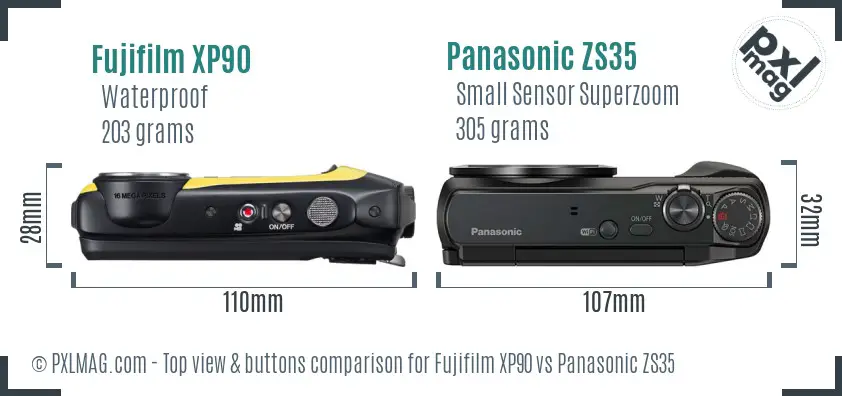 Fujifilm XP90 vs Panasonic ZS35 top view buttons comparison