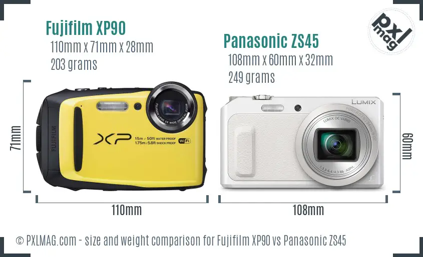 Fujifilm XP90 vs Panasonic ZS45 size comparison