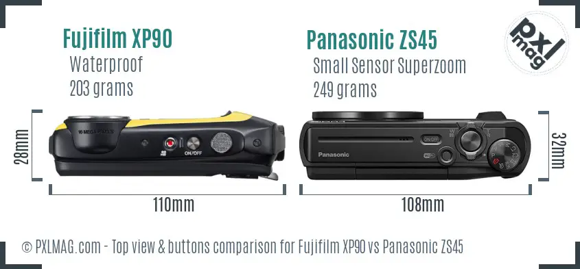 Fujifilm XP90 vs Panasonic ZS45 top view buttons comparison