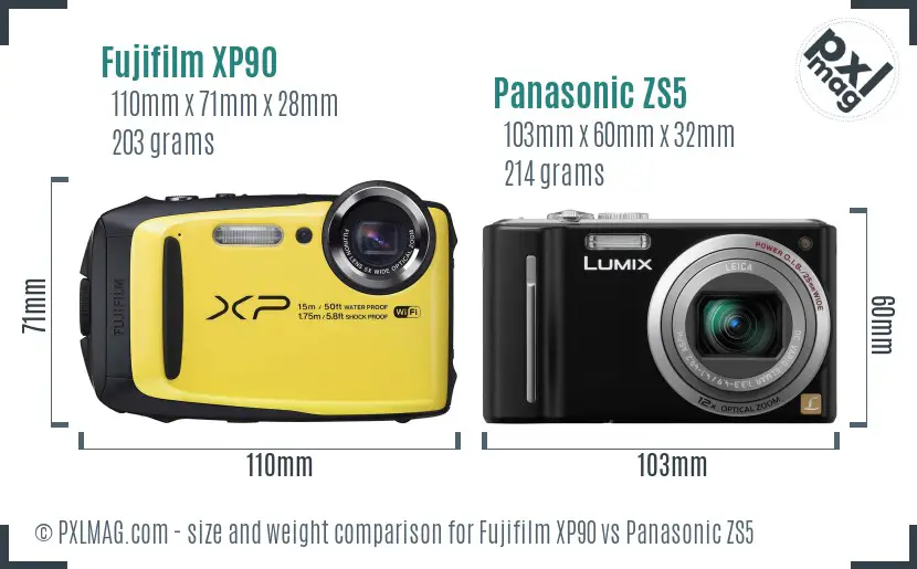 Fujifilm XP90 vs Panasonic ZS5 size comparison