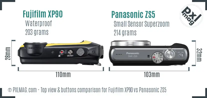 Fujifilm XP90 vs Panasonic ZS5 top view buttons comparison