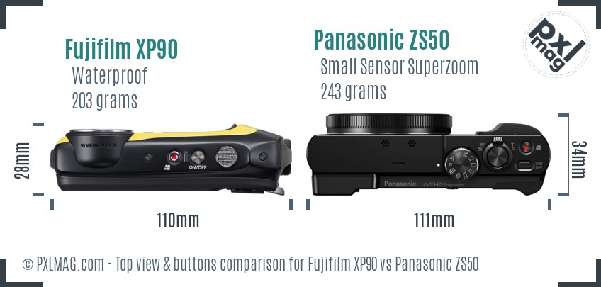 Fujifilm XP90 vs Panasonic ZS50 top view buttons comparison