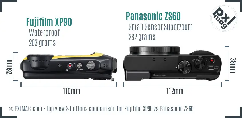 Fujifilm XP90 vs Panasonic ZS60 top view buttons comparison