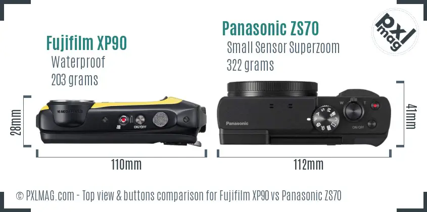 Fujifilm XP90 vs Panasonic ZS70 top view buttons comparison