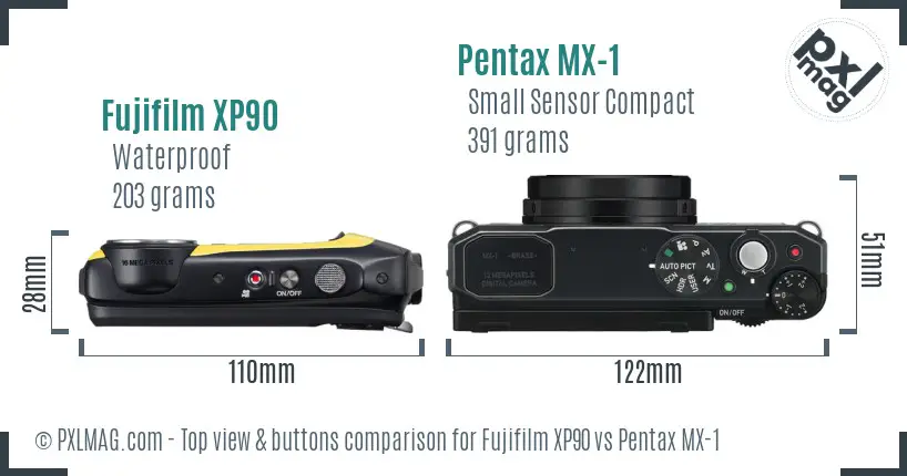 Fujifilm XP90 vs Pentax MX-1 top view buttons comparison