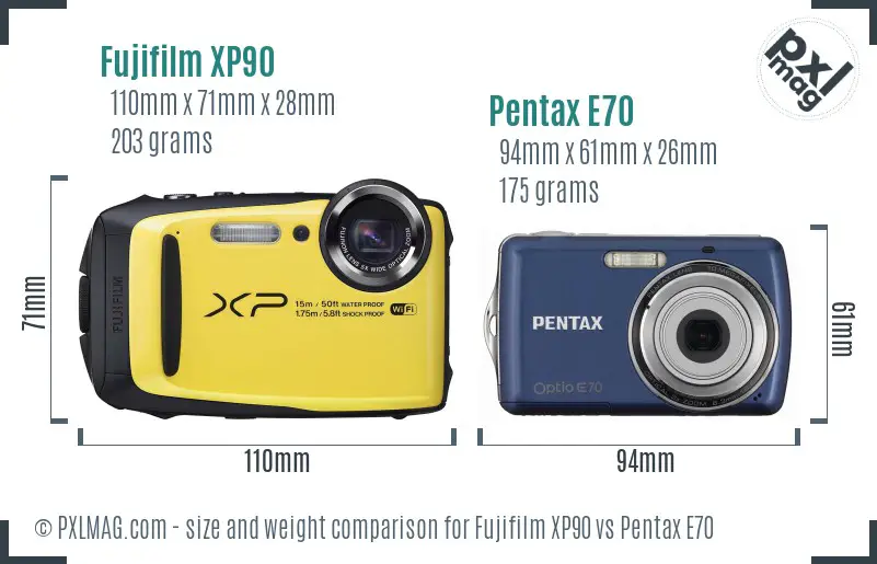 Fujifilm XP90 vs Pentax E70 size comparison