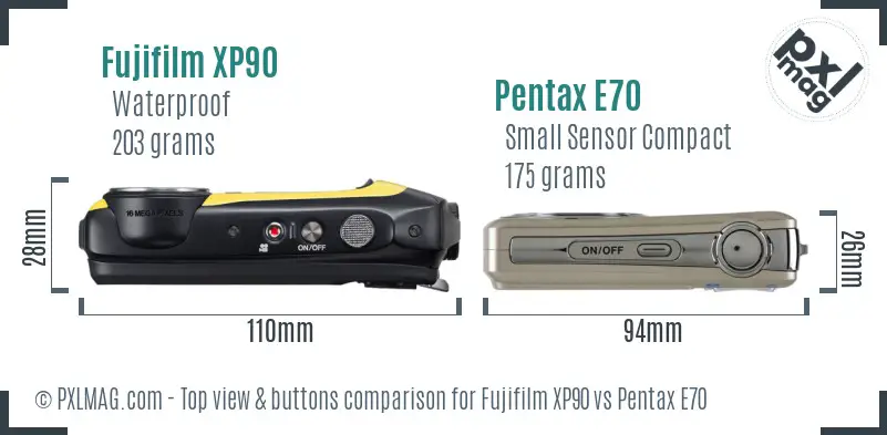 Fujifilm XP90 vs Pentax E70 top view buttons comparison