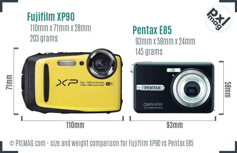 Fujifilm XP90 vs Pentax E85 size comparison