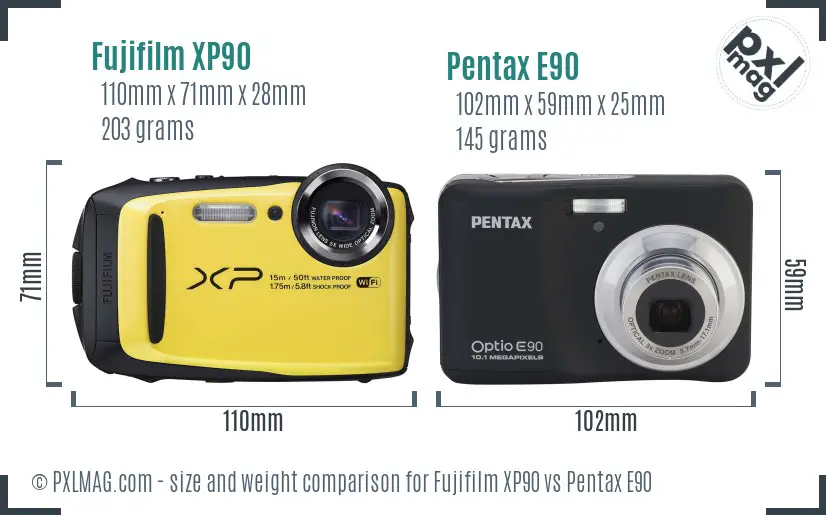 Fujifilm XP90 vs Pentax E90 size comparison Fujifilm XP90 vs Pentax E90 size comparison